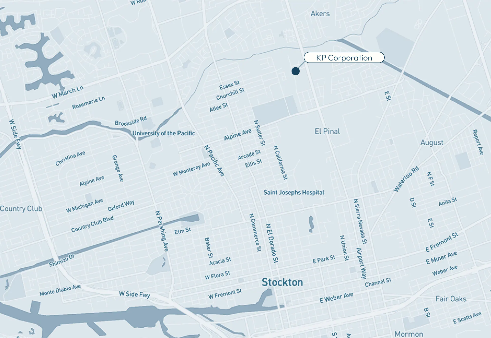 Map showing a section of Stockton California, with a label pointing to KP Corporation